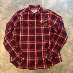 Stormy Kromer Flannel Shirt Women's L Burgundy Plaid St Croix Rod Embroidery